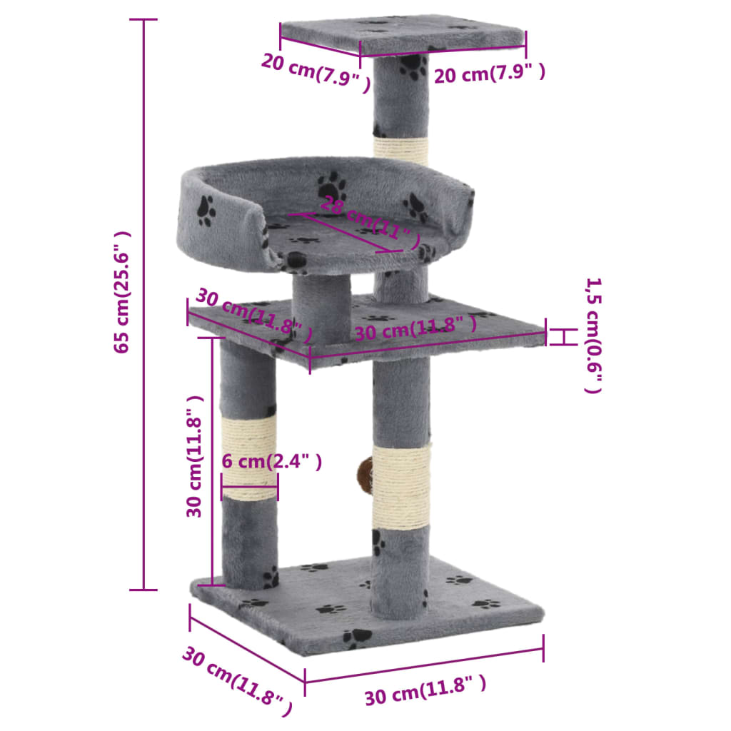 Škrabadlo pro kočky se sisalovými sloupky 65 cm šedé s tlapkami