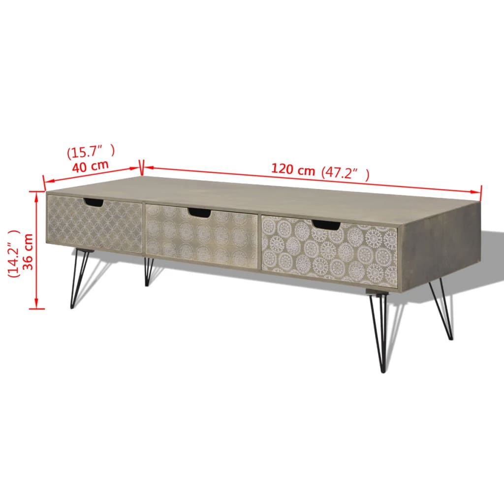 TV stolek se 3 zásuvkami 120 x 40 x 36 cm šedý