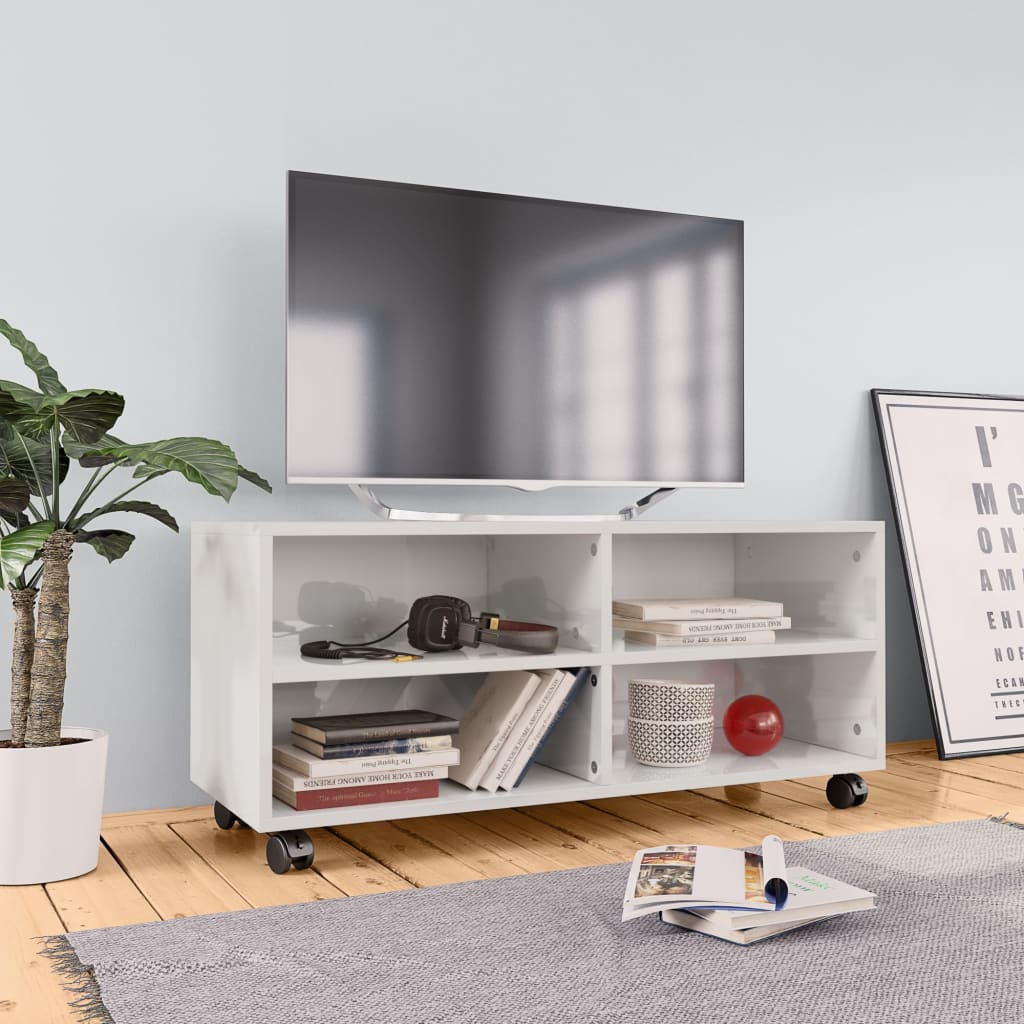 TV stolek s kolečky bílý vysoký lesk 90x35x35 cm dřevotříska