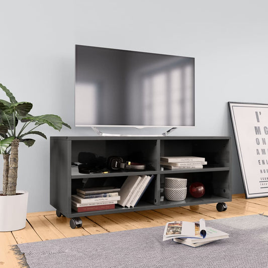 TV stolek s kolečky šedý vysoký lesk 90x35x35 cm dřevotříska