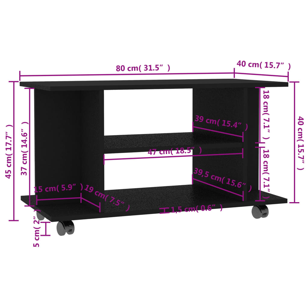 TV stolek s kolečky černý 80 x 40 x 45 cm kompozitní dřevo