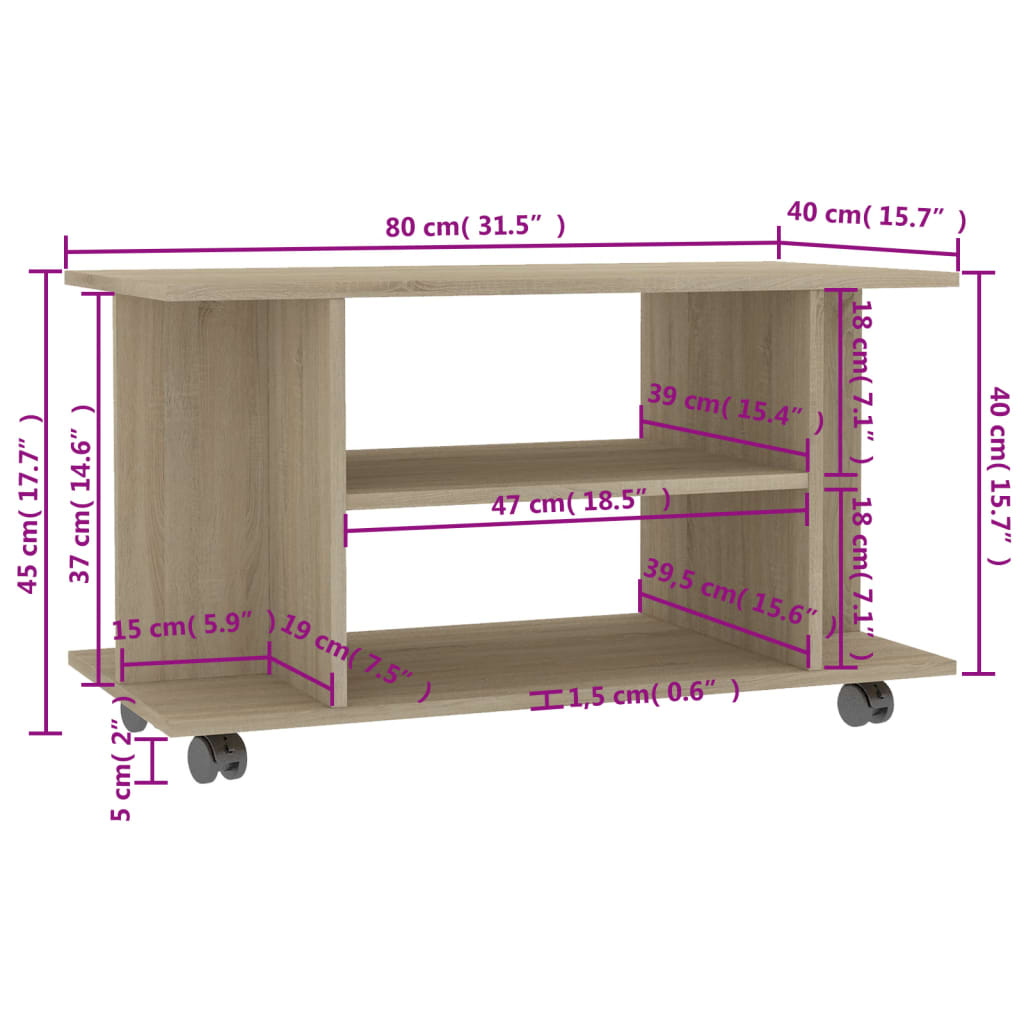 TV stolek s kolečky dub sonoma 80 x 40 x 45 cm kompozitní dřevo