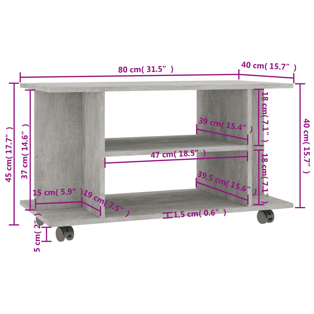 TV stolek s kolečky betonově šedý 80x40x45 cm kompozitní dřevo