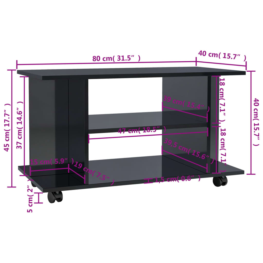 TV stolek s kolečky lesklý černý 80x40x40 cm kompozitní dřevo