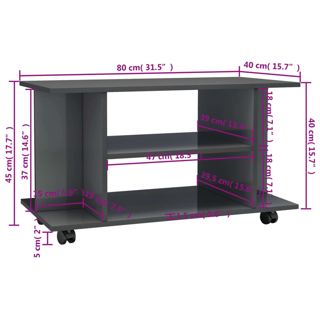 TV stolek s kolečky lesklý šedý 80x40x45 cm kompozitní dřevo