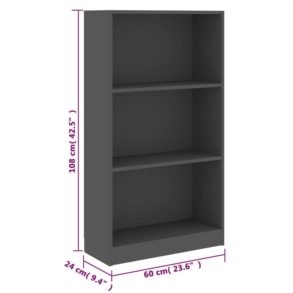 3patrová knihovna šedá 60 x 24 x 109 cm kompozitní dřevo