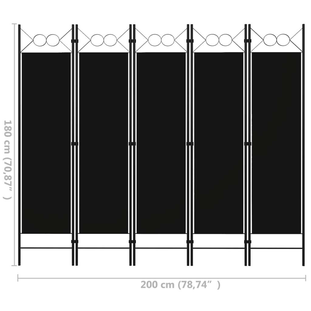 5dílný skládací paraván černý 200 x 180 cm