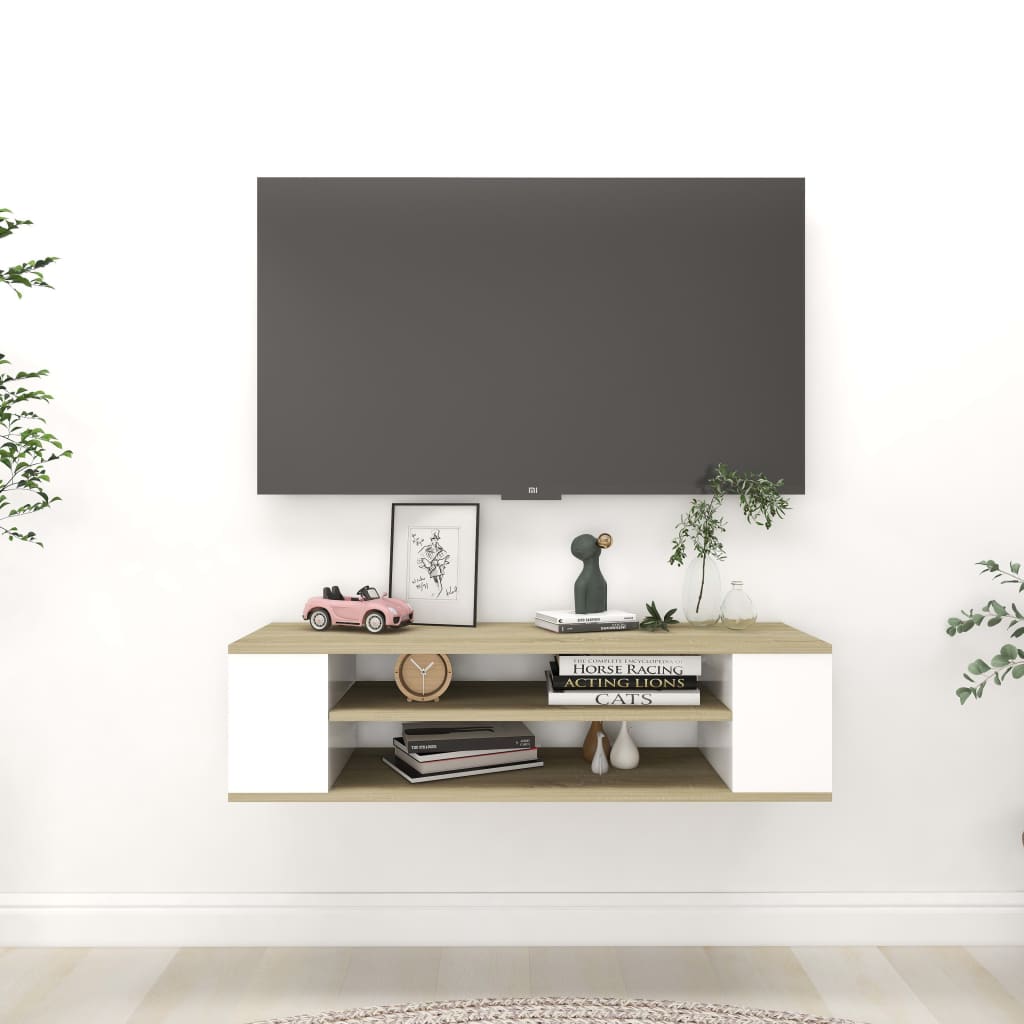 Závěsná TV skříňka bílá a dub sonoma 100x30x26,5 cm dřevotříska