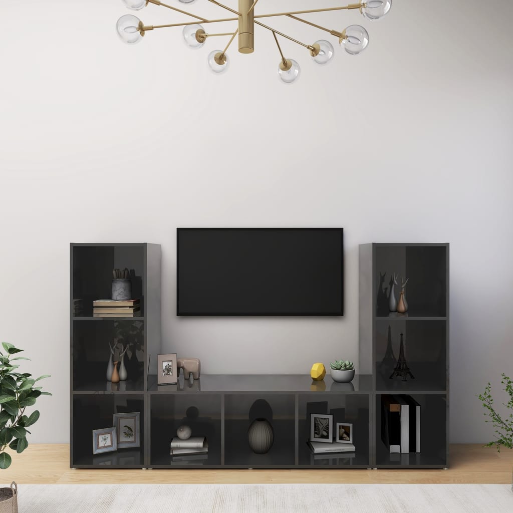 TV skříňky 3 ks šedé s vysokým leskem 107x35x37 cm dřevotříska