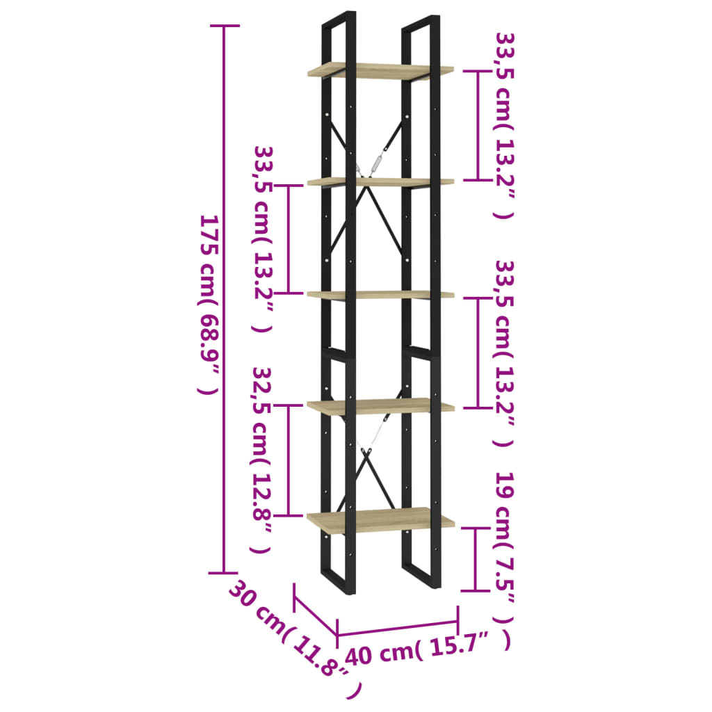 Knihovna s 5 policemi dub sonoma 40x30x175 cm kompozitní dřevo