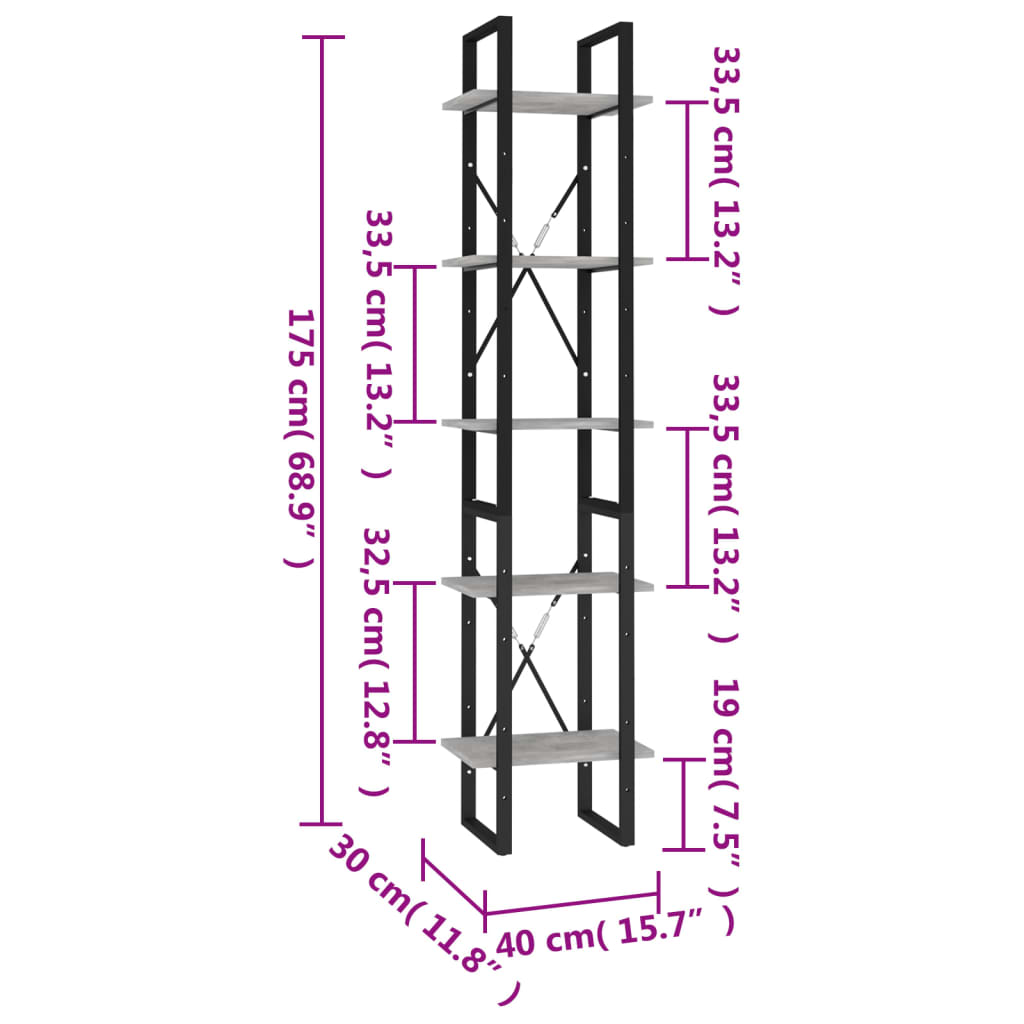 Knihovna s 5 policemi betonově šedá 40 x 30 x 175 cm kompozit