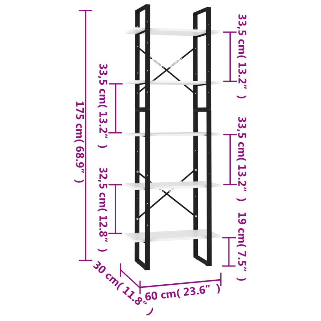 Knihovna s 5 policemi bílá 60 x 30 x 175 cm kompozitní dřevo