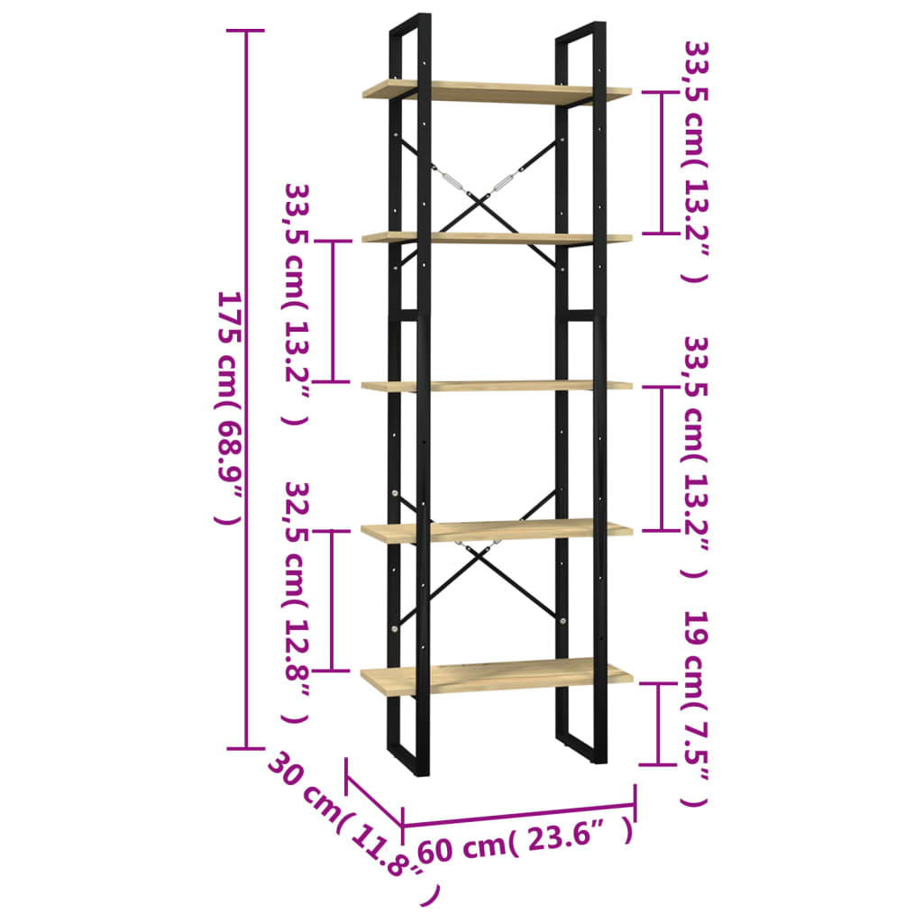 Knihovna s 5 policemi 60 x 30 x 175 cm borové dřevo