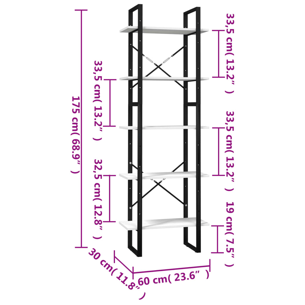 Knihovna s 5 policemi bílá 60 x 30 x 175 cm borové dřevo