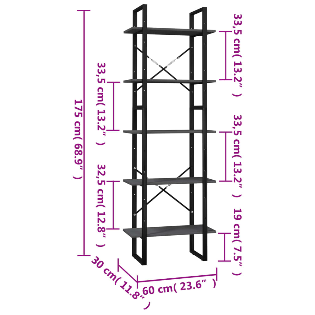 Knihovna s 5 policemi šedá 60 x 30 x 175 cm borové dřevo