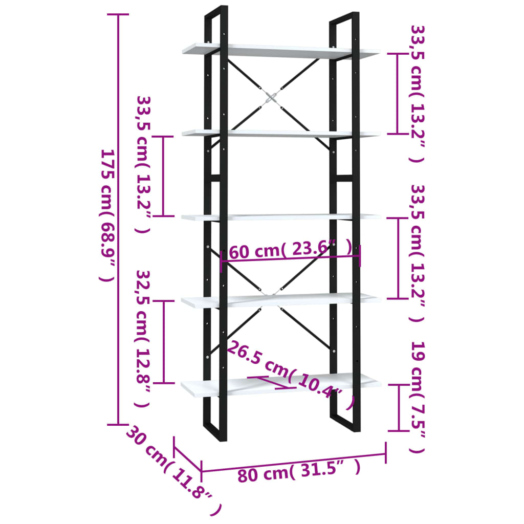 Knihovna s 5 policemi bílá 80 x 30 x 175 cm kompozitní dřevo