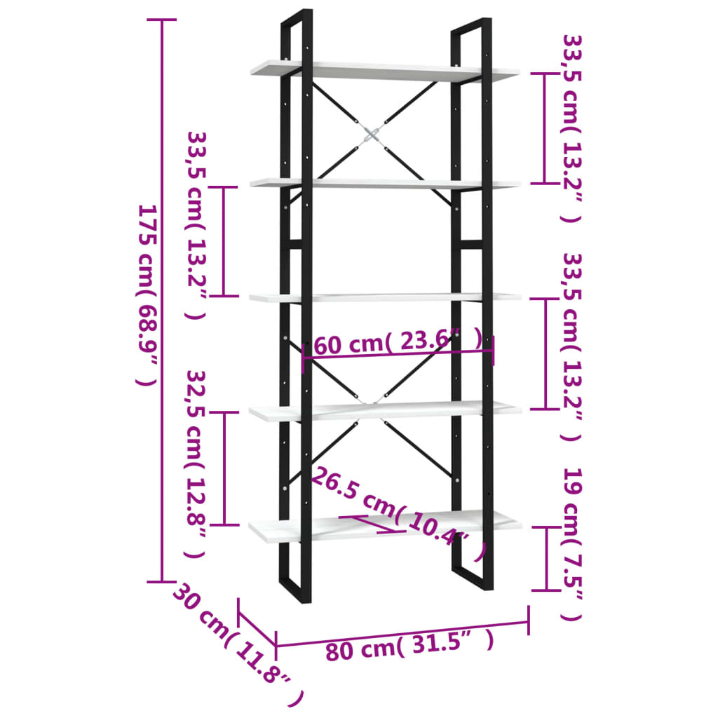 Knihovna s 5 policemi bílá 80 x 30 x 175 cm borové dřevo