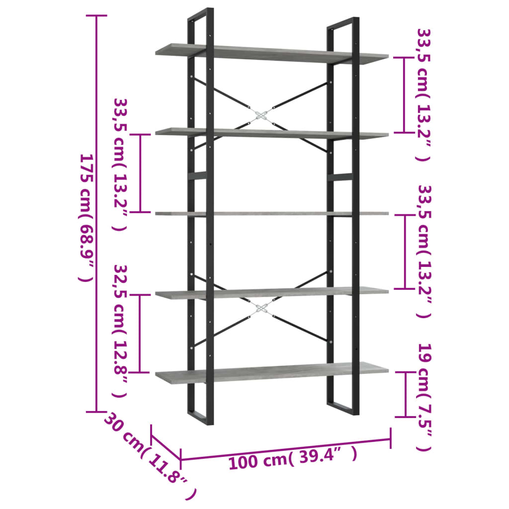 Knihovna s 5 policemi betonově šedá 100 x 30 x 175 cm kompozit