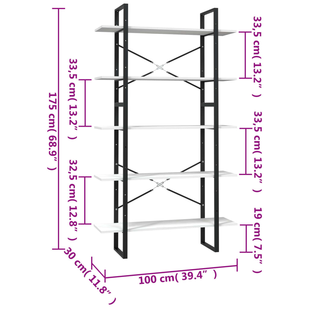 Knihovna s 5 policemi bílá 100 x 30 x 175 cm borové dřevo