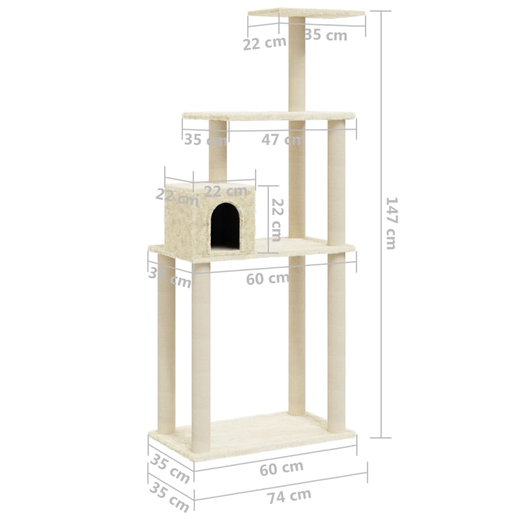 Škrabadlo pro kočky se sisalovými sloupky krémové 147 cm