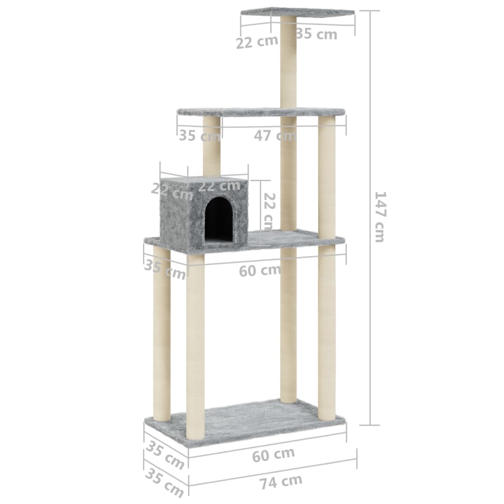 Škrabadlo pro kočky se sisalovými sloupky světle šedé 147 cm