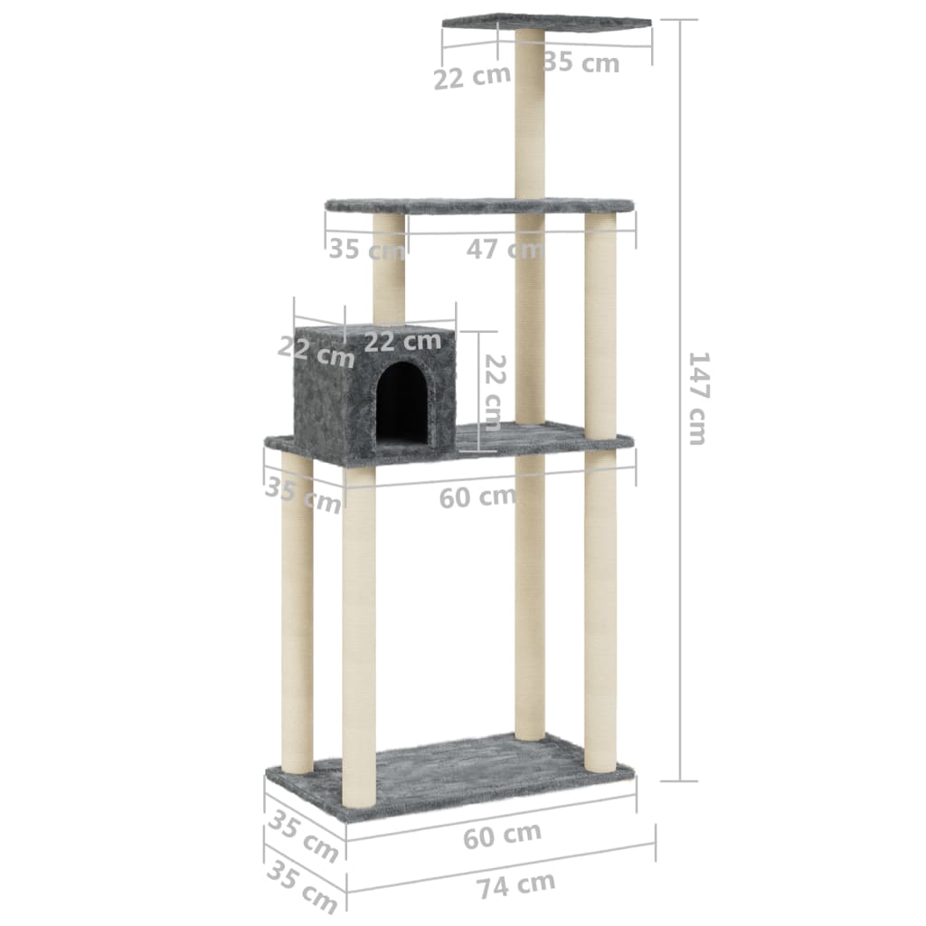 Škrabadlo pro kočky se sisalovými sloupky tmavě šedé 147 cm