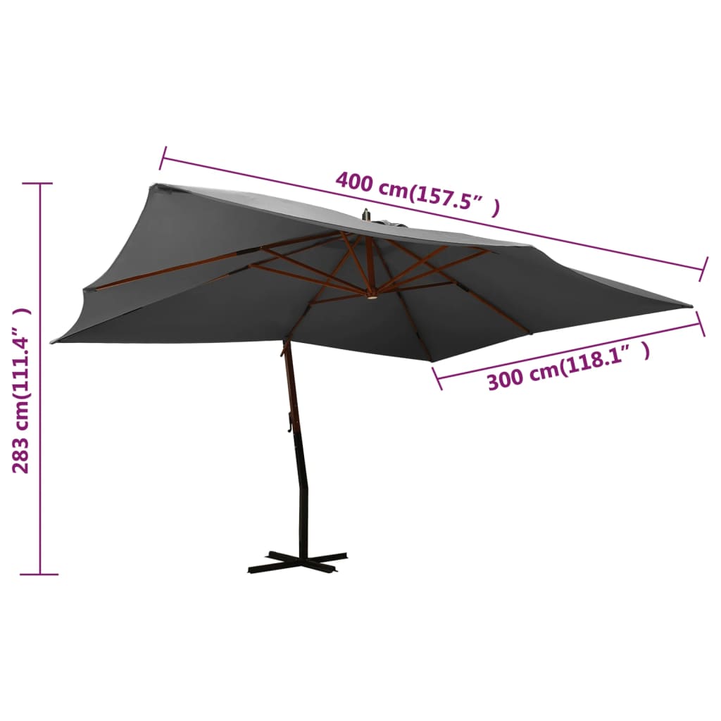 Boční zahradní slunečník s dřevěnou tyčí 400x300 cm antracitový