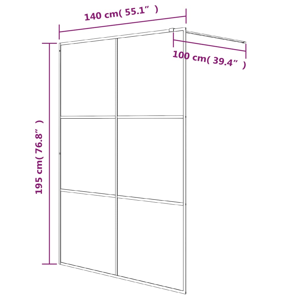 Sprchová zástěna walk-in černá 140x195 cm napůl mléčné ESG sklo