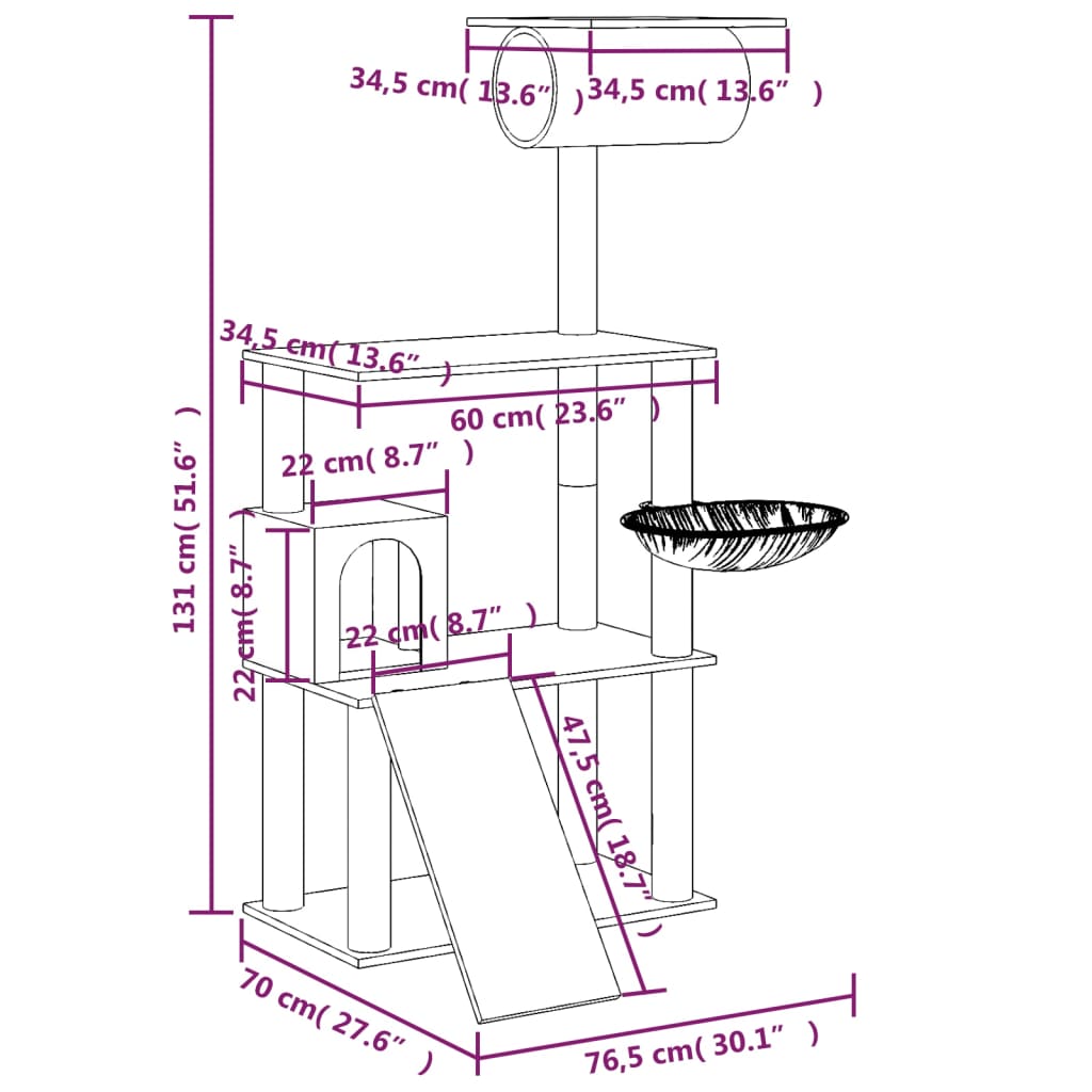 Škrabadlo pro kočky se sisalovými sloupky krémové 131 cm