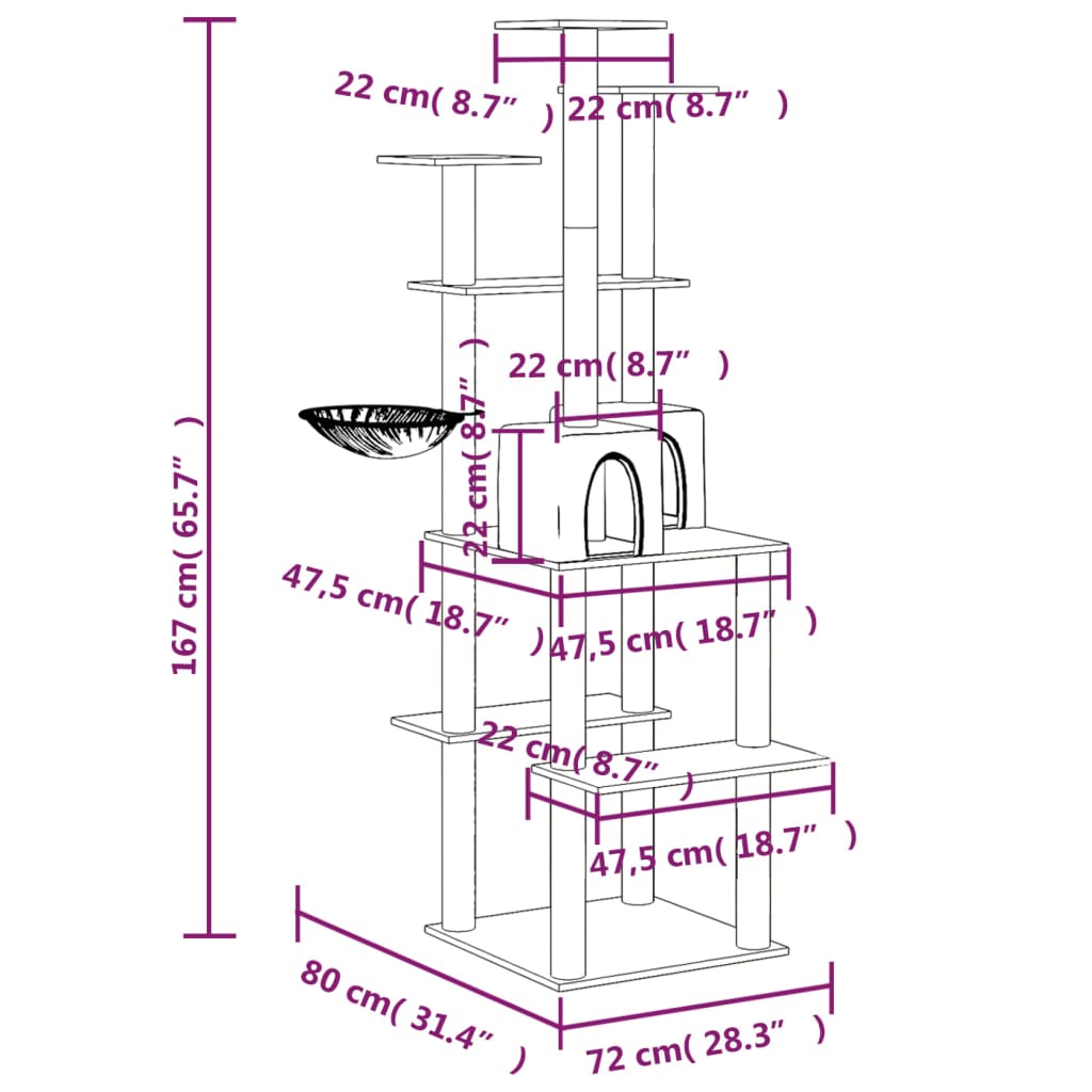 Škrabadlo pro kočky se sisalovými sloupky tmavě šedé 167 cm