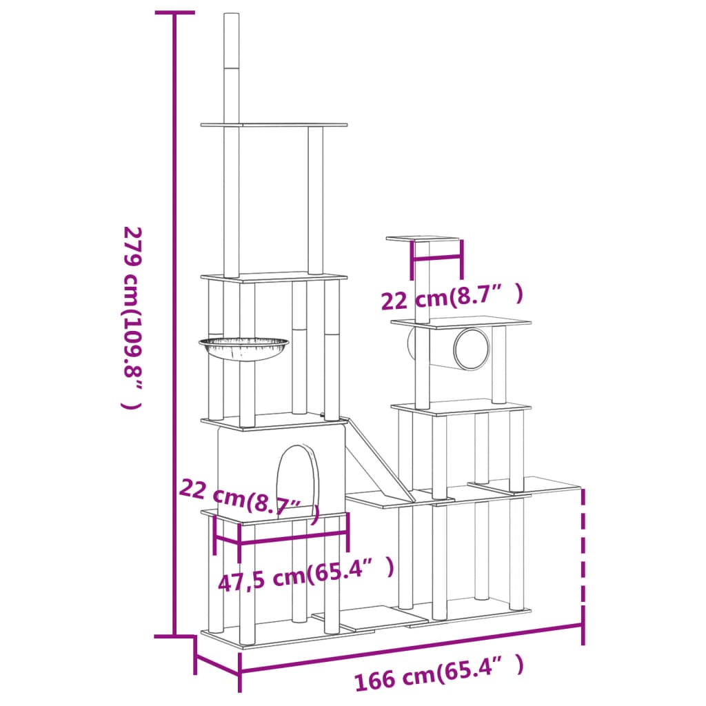 Škrabadlo pro kočky se sisalovými sloupky krémové 279 cm