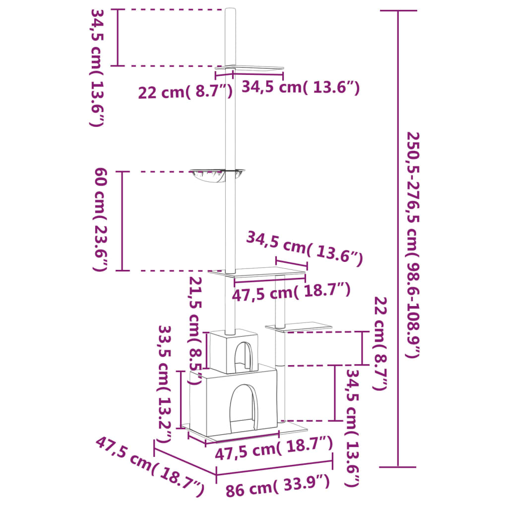 Kočičí strom ke stropu světle šedý 250,5–276,5 cm