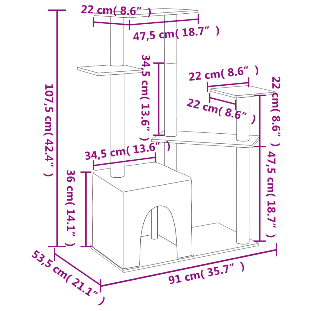 Škrabadlo pro kočky se sisalovými sloupky krémové 107,5 cm