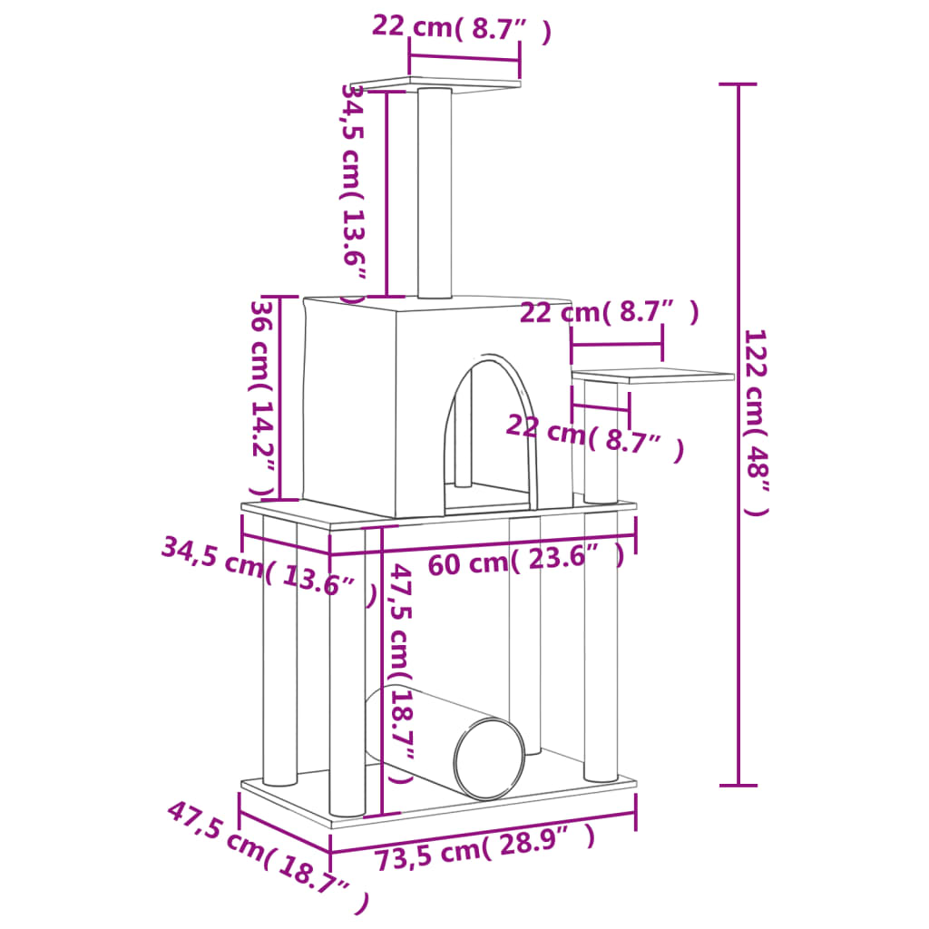 Škrabadlo pro kočky se sisalovými sloupky světle šedé 122 cm