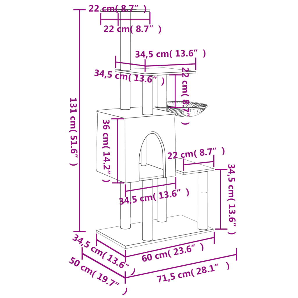 Škrabadlo pro kočky se sisalovými sloupky krémové 131 cm