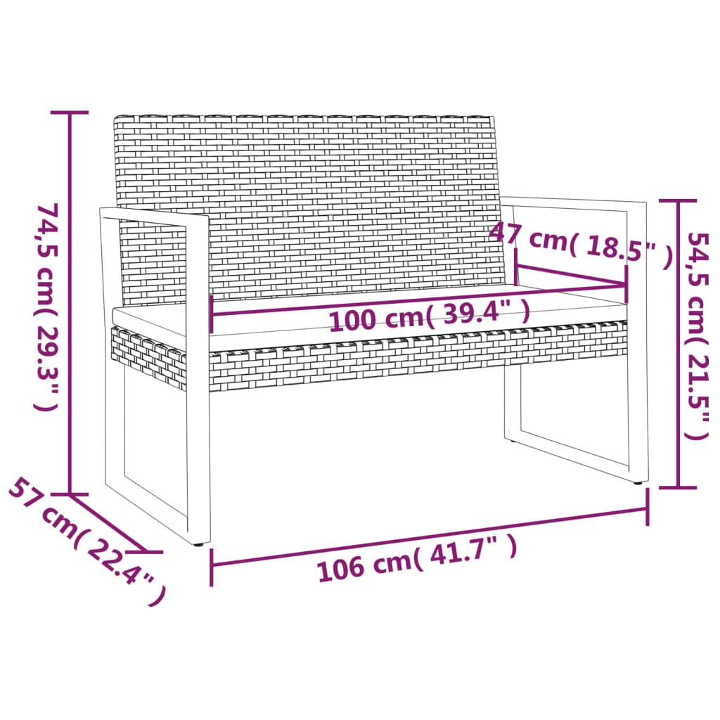 Zahradní lavice s poduškami černá 106 cm polyratan