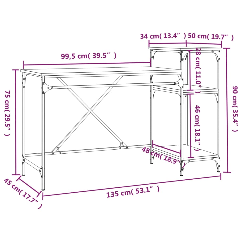 Psací stůl s policemi dub sonoma 135x50x90 cm kompozit a železo