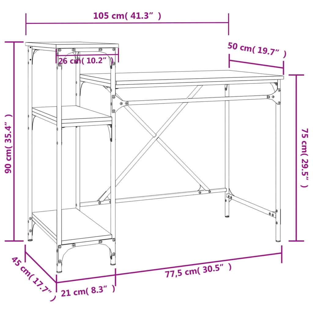 Psací stůl s policemi dub sonoma 105x50x90 cm kompozit a železo