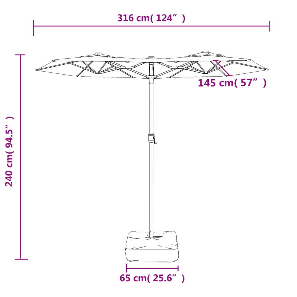 Dvojitý zahradní slunečník s LED černý 316 x 240 cm