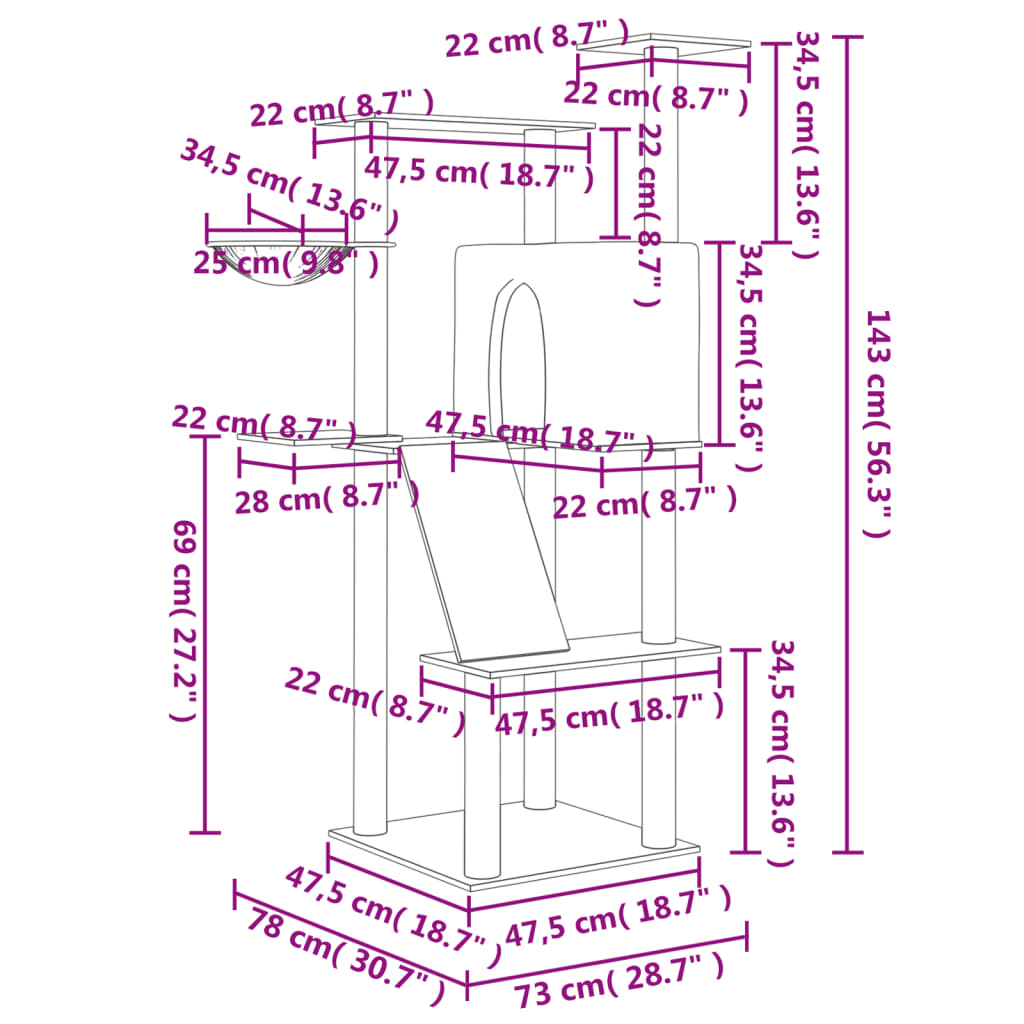 Škrabadlo pro kočky se sisalovými sloupky krémové 143 cm