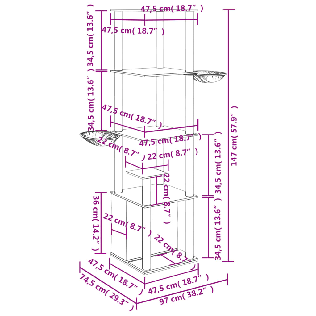 Škrabadlo pro kočky se sisalovými sloupky krémové 147 cm