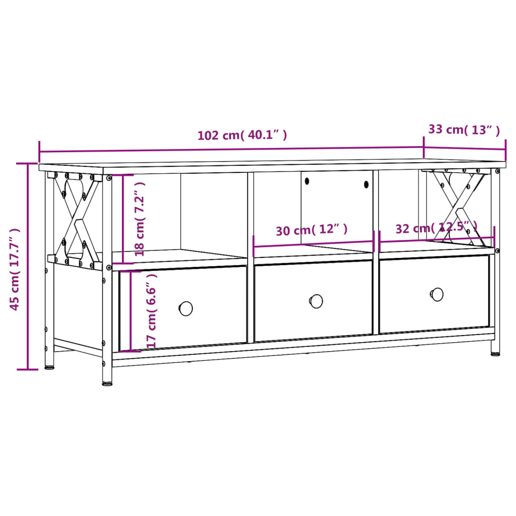 TV skříňka dub sonoma 102x33x45 cm kompozitní dřevo a železo