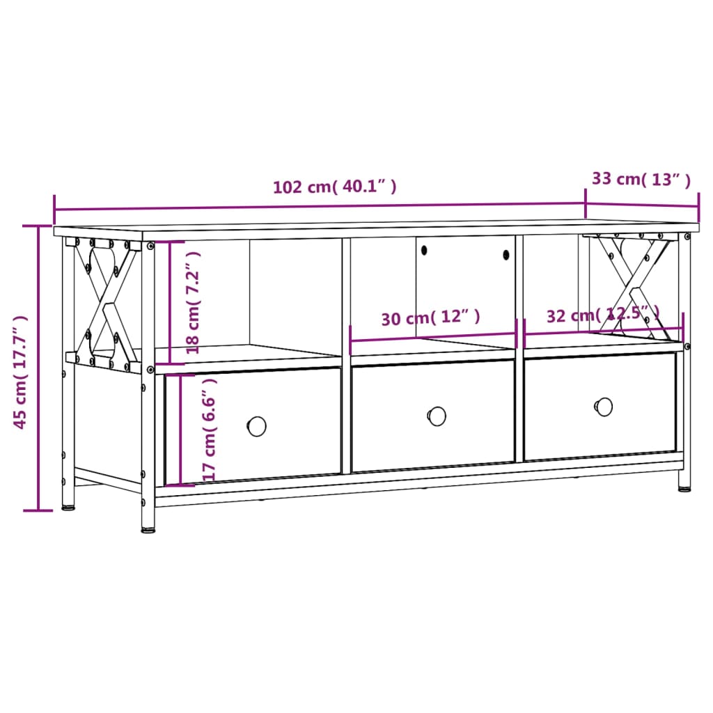 TV skříňka kouřový dub 102x33x45 cm kompozitní dřevo a železo