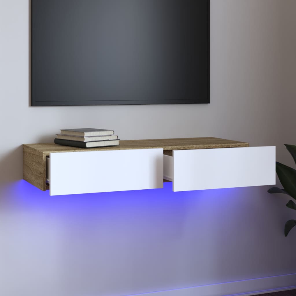 TV skříňka s LED osvětlením bílá a dub sonoma 90 x 35 x 15,5 cm