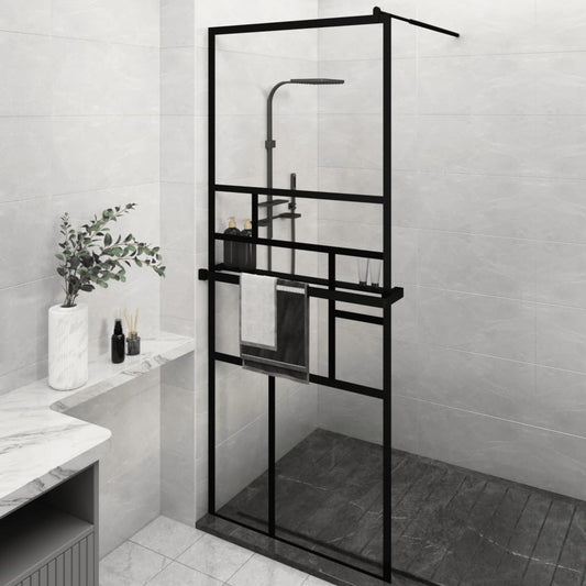 Zástěna do průchozí sprchy s policí černá 80x195 cm ESG/hliník