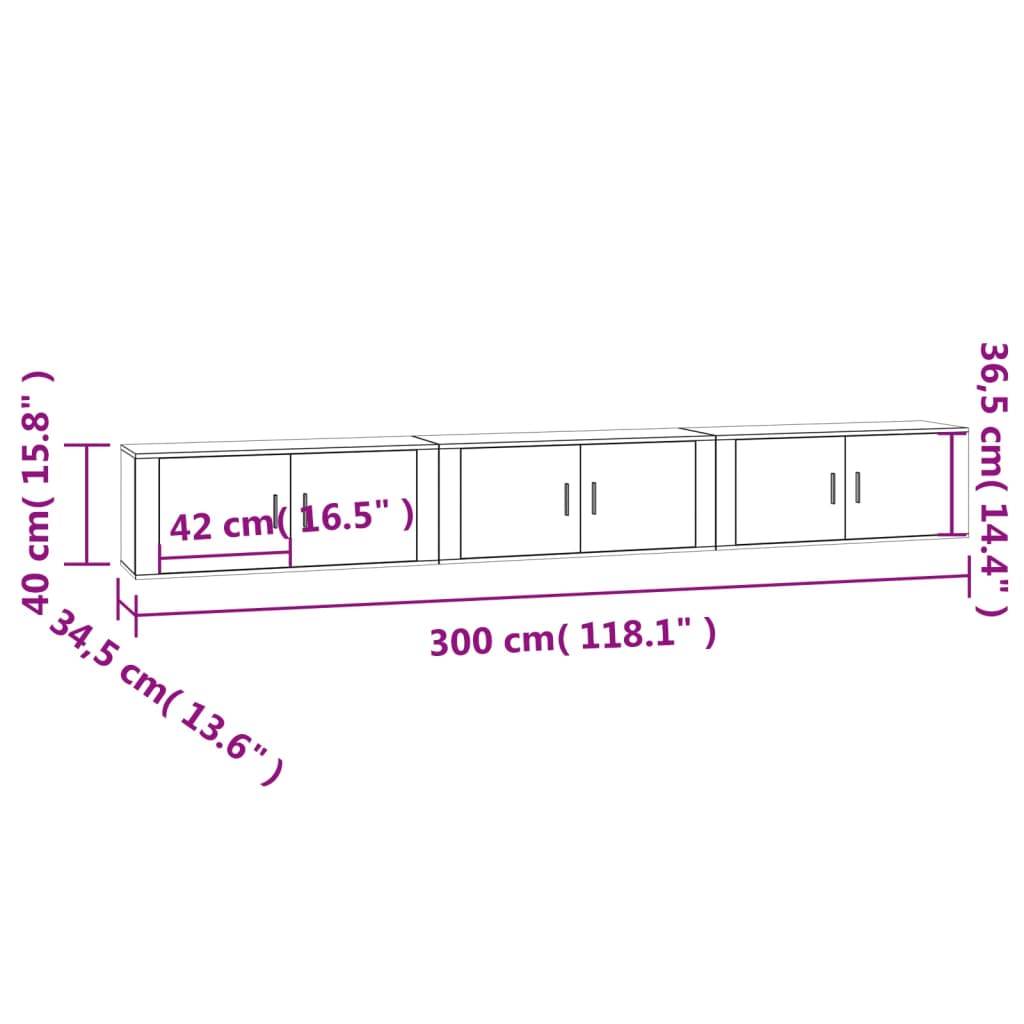 Nástěnné TV skříňky 3 ks betonově šedé 100 x 34,5 x 40 cm