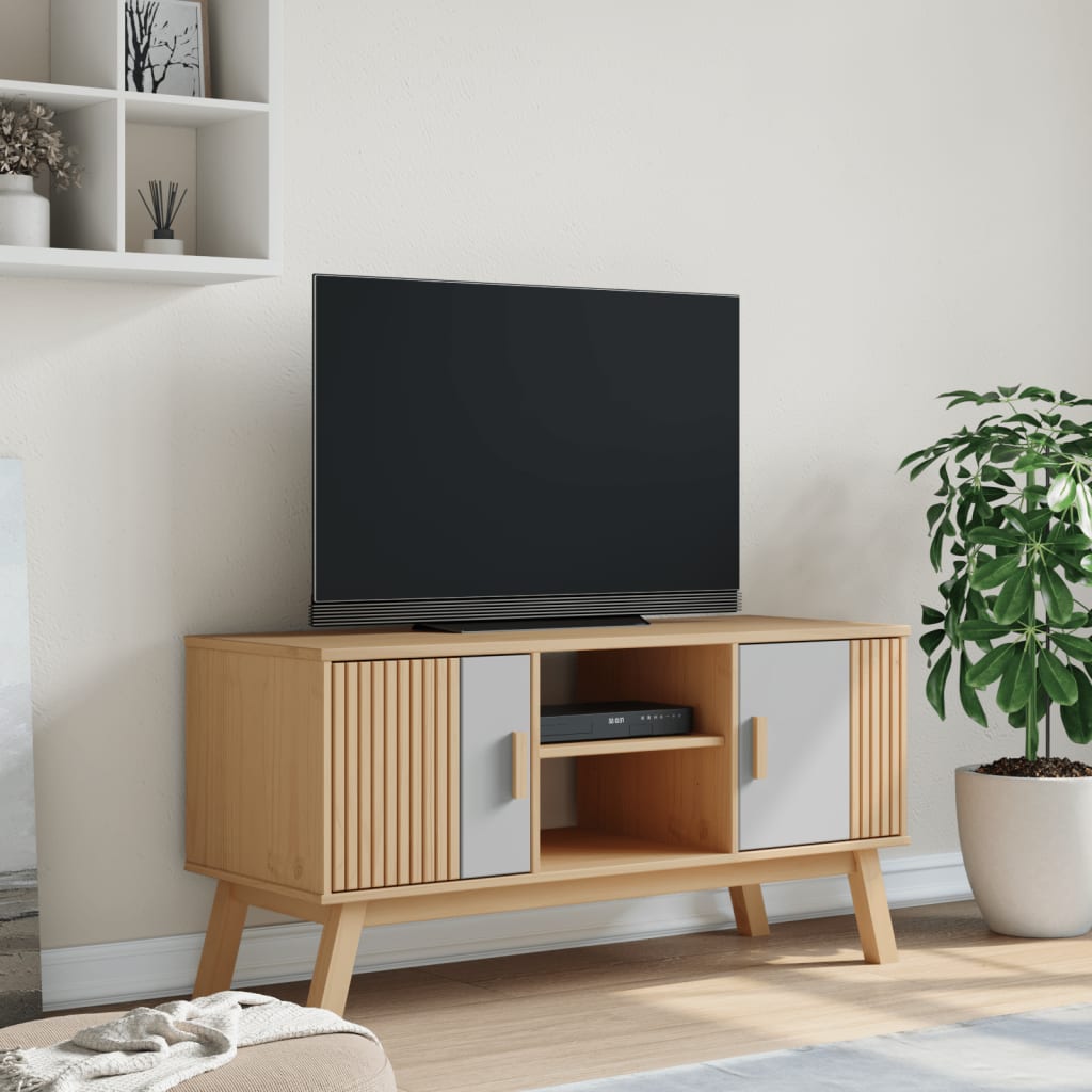 TV skříňka OLDEN šedá a hnědá 114x43x57 cm masivní borové dřevo