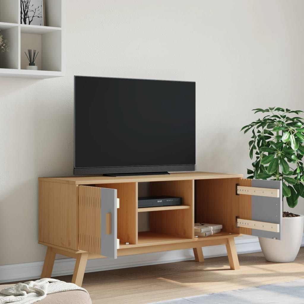 TV skříňka OLDEN šedá a hnědá 114x43x57 cm masivní borové dřevo