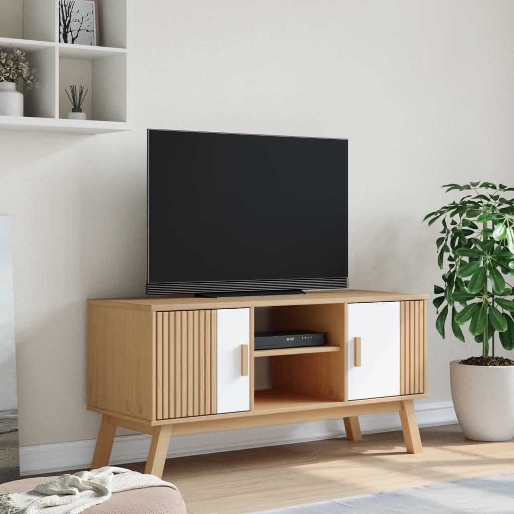 TV skříňka OLDEN bílá a hnědá 114x43x57 cm masivní borové dřevo