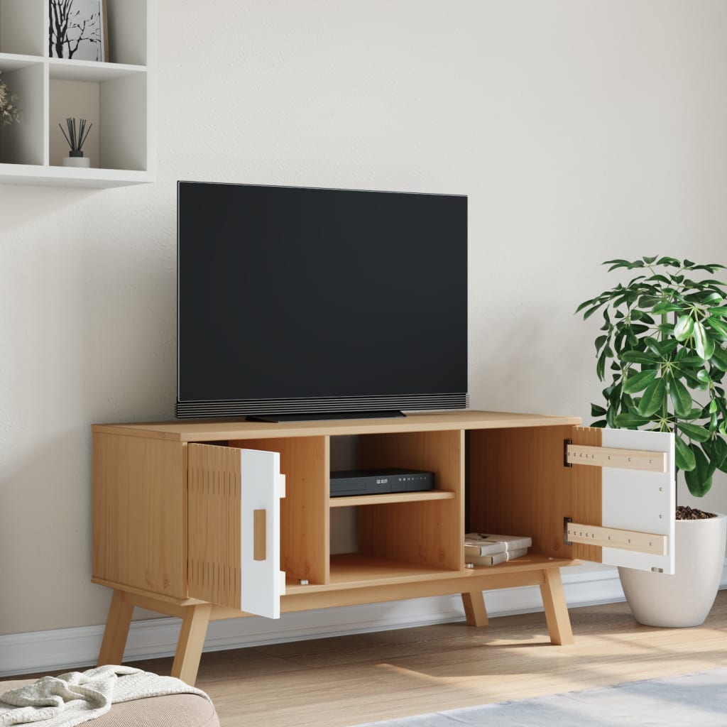 TV skříňka OLDEN bílá a hnědá 114x43x57 cm masivní borové dřevo